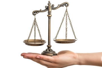 Hand Holding a Balanced Scale of Justice Isolated on White Transparent Background Showcasing Legal Symbolism and Fairness