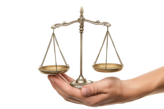 Hand Holds Balanced Scale of Justice Symbolizing Fairness and Equality With Isolated Transparent Background