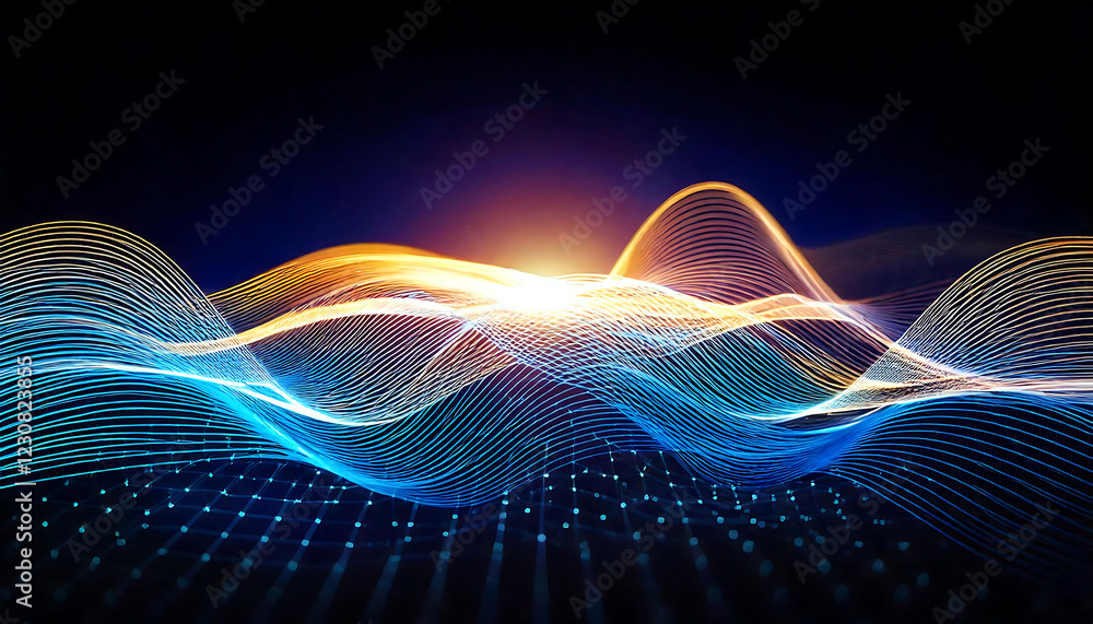 Poster abstract digital wave background. vibrant blue and orange glowing lines create a dynamic, flowing te