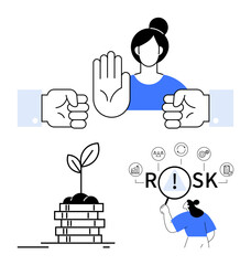 Woman stopping conflict between hands, plant sprouting atop stacked coins, and figure examining risks. Ideal for conflict resolution, business growth, risk management, teamwork, investments