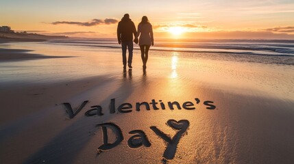 Silhouetted couple holding hands walks a beach at sunset. Valentines Day is written in the sand. Romantic ocean scene.