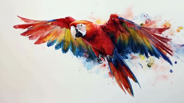 Vibrant macaw flight with watercolor splash effect in motion