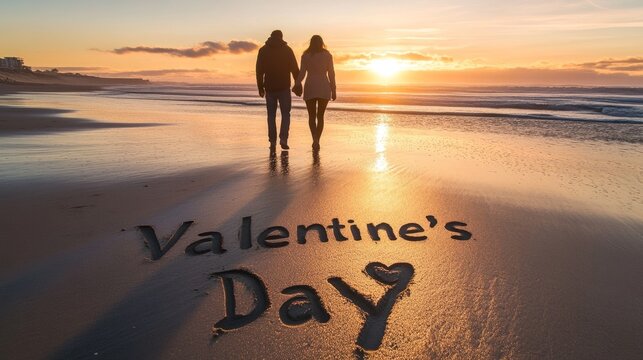 Silhouetted couple holding hands walks a beach at sunset. Valentines Day is written in the sand. Romantic ocean scene. - Powered by Adobe