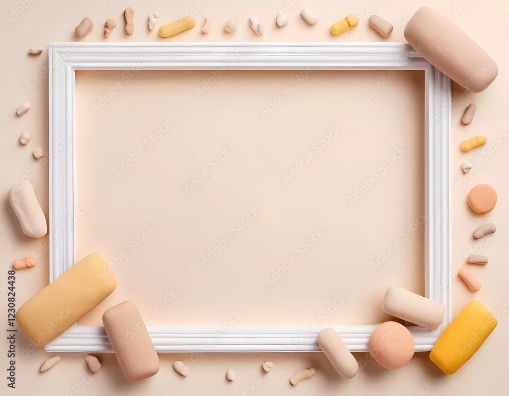 Poster colorful pieces of play dough are artistically arranged around a white frame on a soft beige backgro