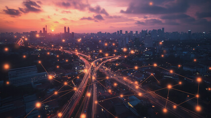 Fototapeta premium Abstract business man stands on Smart digital Innovation city with connection network reciprocity over the twilight cityscape. of future wireless digital city and social media networking systems