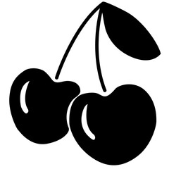 Two cherries connected by stem with one leaf, black and white outline. Freshness, nature, natural beauty, unity, harmony. minimalist design, food, nature symbol.



