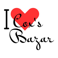 I love Cox's Bazar, city of Bangladesh. Hand drawn letters with red heart. Vector illustration lettering, modern design