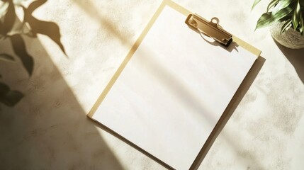 paper mockup with a clipboard, placed on a clean surface, soft lighting highlighting the texture of the paper and the design of the clipboard 