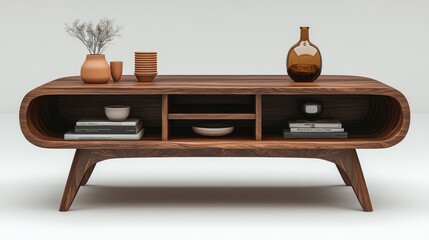 Fototapeta premium Mid-century modern wooden coffee table with decor, books, and vases