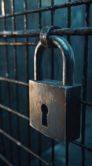 Rusty Lock on a Metal Grid - Security and Protection Concept