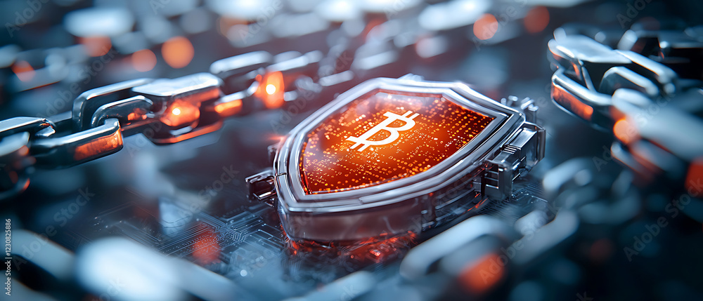 Poster secure your crypto glowing bitcoin shield surrounded by digital locks virtual environment futuristic