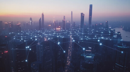 Fototapeta premium Abstract business man stands on Smart digital Innovation city with connection network reciprocity over the twilight cityscape. of future wireless digital city and social media networking systems