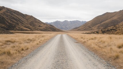 Fototapeta premium Gravel road leading to distant mountains in a dry, grassy valley.