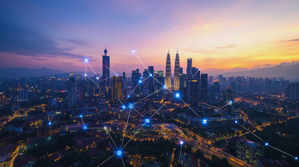 Fototapeta premium Abstract business man stands on Smart digital Innovation city with connection network reciprocity over the twilight cityscape. of future wireless digital city and social media networking systems