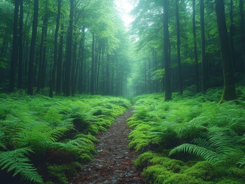 Lush green forest path with tall trees and ferns creating a serene natural scene