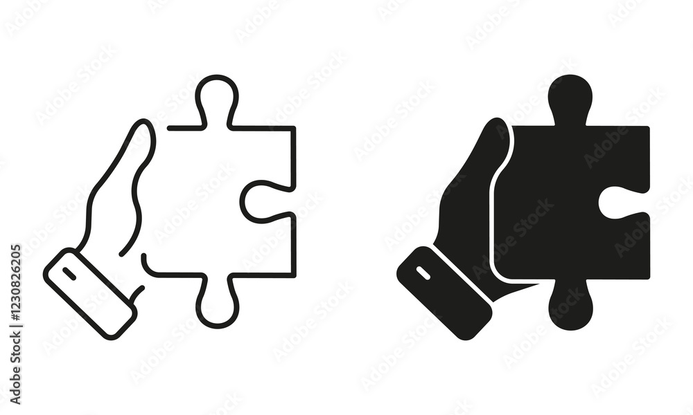 Poster human hand holds jigsaw piece line and silhouette icon set. puzzle game solution. success teamwork l