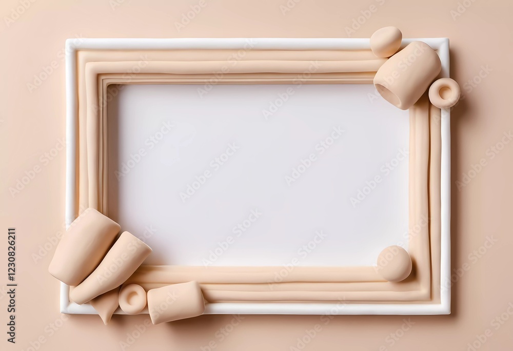 Poster a playful arrangement of white and beige play dough forms an artistic frame on a soft background, sh