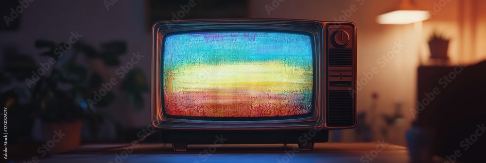 Fototapete static noise and colorful glitch patterns on a retro television screen in a cozy room. generative ai