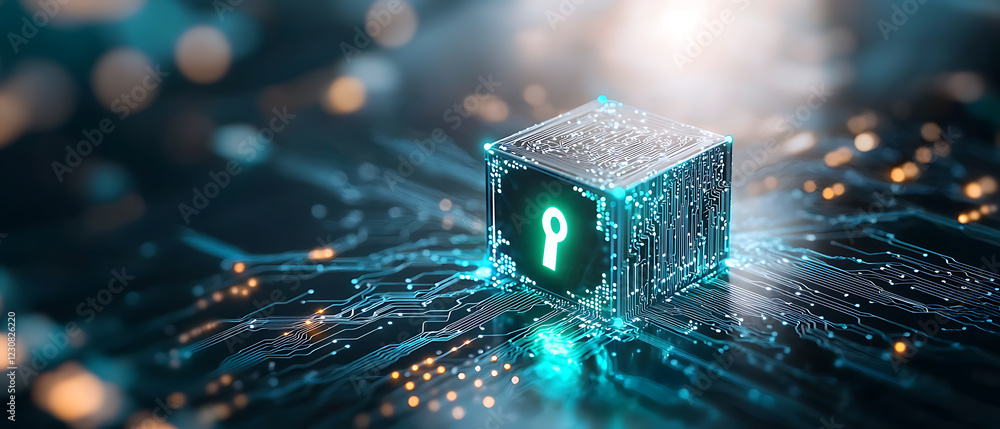 Poster digital lock glowing blue and green with blockchain technology futuristic display cybersecurity focu