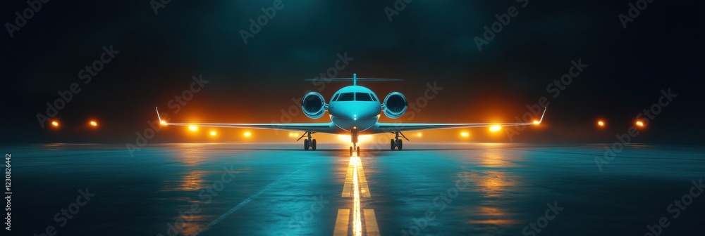 Fototapete Illuminated airplane on runway at night with bright navigation lights surrounding it. Generative AI
