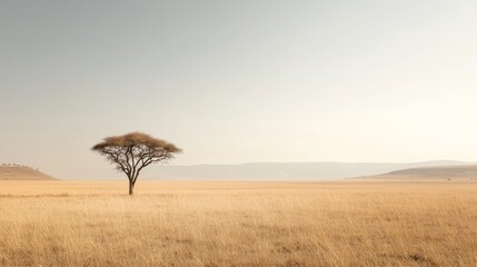 Obraz premium Lone acacia tree in vast, dry savanna landscape under a pale sky.