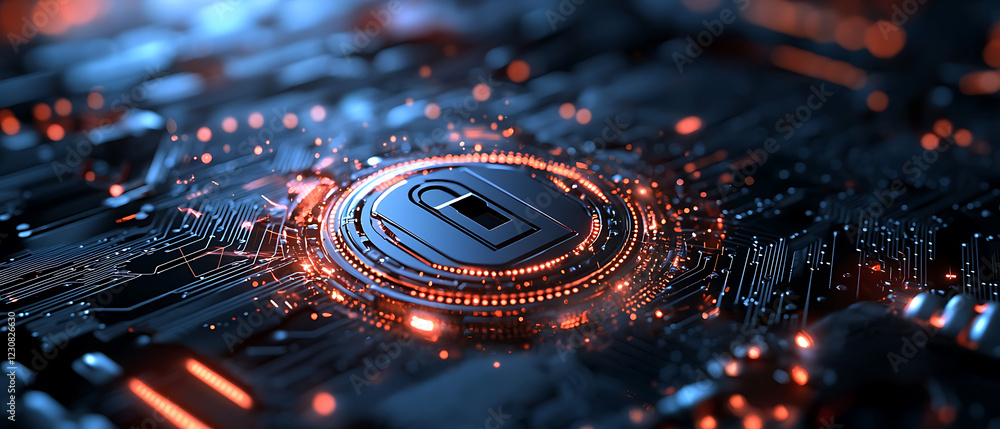 Poster digital lock secured by encrypted blockchain technology virtual environment high-tech concept futuri