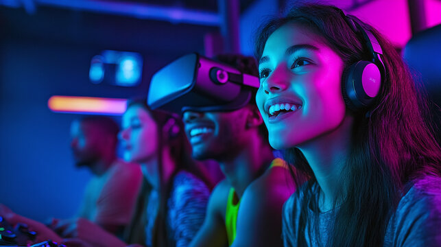A group of friends in a neon-lit room enjoy virtual reality gaming, wearing headsets and headphones, immersed in a shared futuristic gaming experience.