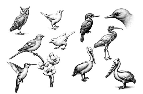 Colecci&oacute;n de ilustraciones de aves en estilo grabado

