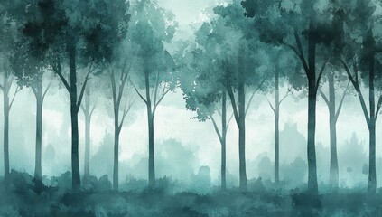 Fototapeta premium A serene forest scene in teal and gray, with trees silhouetted against the backdrop of misty morning light.