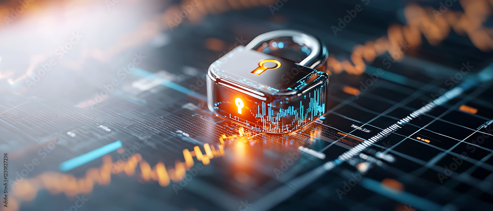 Poster digital padlock with holographic accents securing data virtual environment technology concept close-