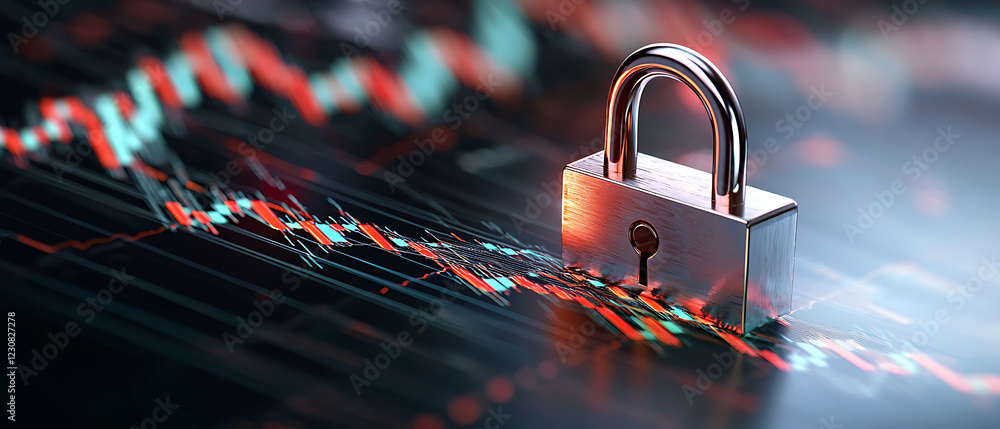 Poster digital padlock with vibrant lights securing data on financial graphs technology digital art studio 