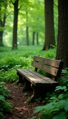 Naklejka premium Wooden bench nestled among leafy greenery, serene forest surroundings, solitude, gentle atmosphere