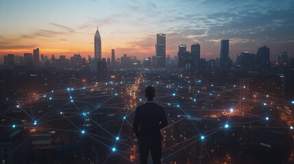  Abstract business man stands on Smart digital Innovation city with connection network reciprocity over the twilight cityscape. of future wireless digital city and social media networking systems