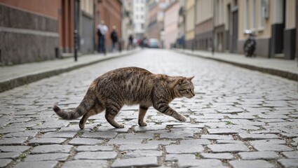 Obraz premium Majestic cat strolling on cobblestone road