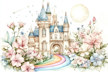 whimsical castle surrounded by colorful flowers and rainbow, evoking sense of magic and wonder. soft pastel colors create dreamy atmosphere, perfect for fairy tales