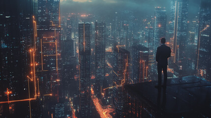 Fototapeta premium Abstract business man stands on Smart digital Innovation city with connection network reciprocity over the twilight cityscape. of future wireless digital city and social media networking systems