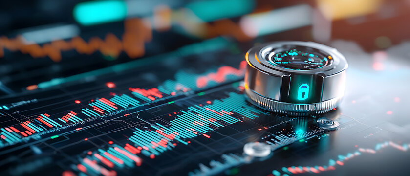 Futuristic digital lock illuminated in blue and green high-tech environment technology concept close-up view data security innovation