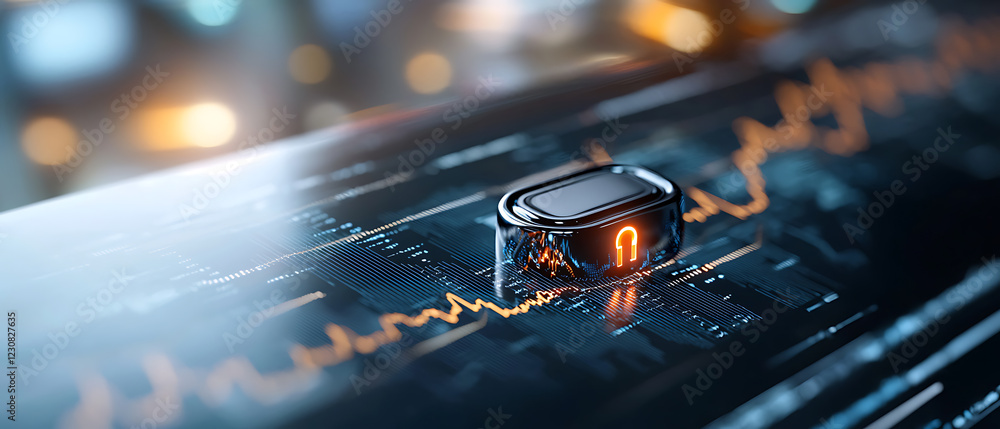 Poster futuristic digital padlock for financial security innovative technology hub product concept showcase