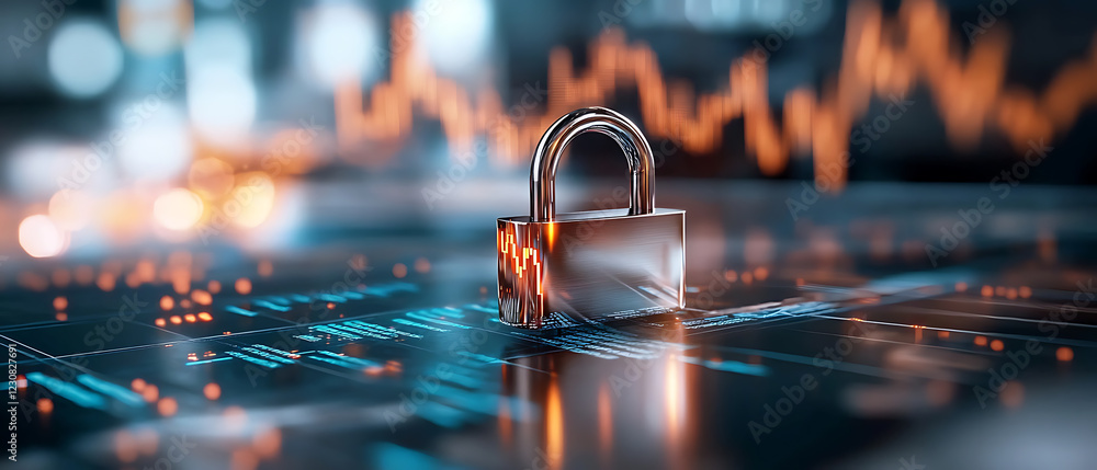 Poster futuristic holographic padlock securing financial data digital workspace high-tech visualization cyb