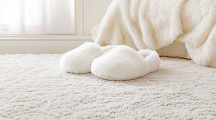 Cozy white furry slippers on soft carpet in a warm, inviting bedroom setting