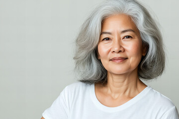 Fototapeta premium Elegant Senior Asian Woman with Graceful Gray Hair in a White T-Shirt, Capturing Timeless Beauty and Confidence in Minimalist Style on a Neutral Background