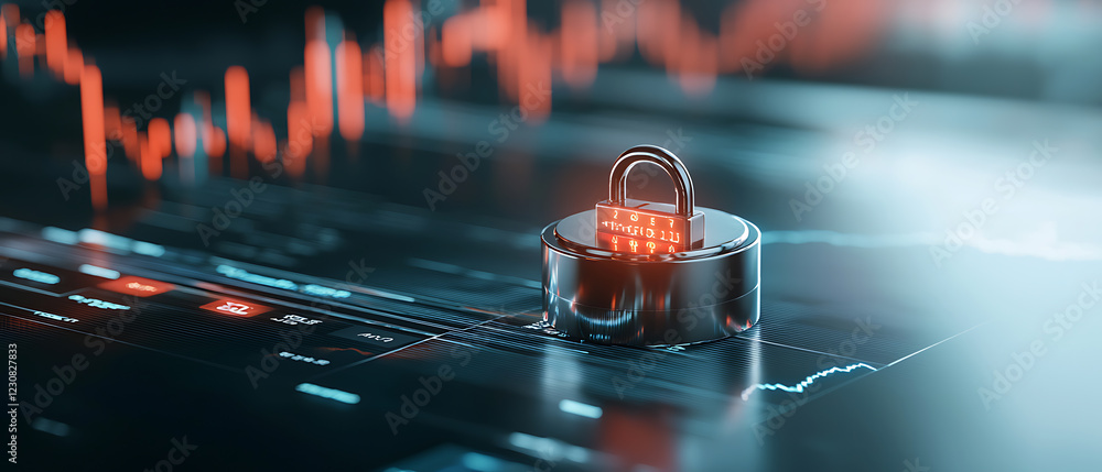 Poster futuristic lock securing financial data digital trading graphs technology concept cybersecurity envi