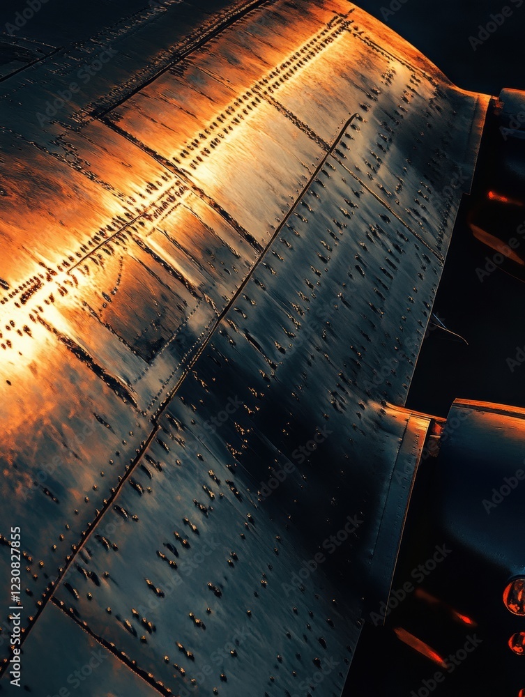 Aufkleber sunset illumination on airplane wing showcasing intricate details and textures. generative ai