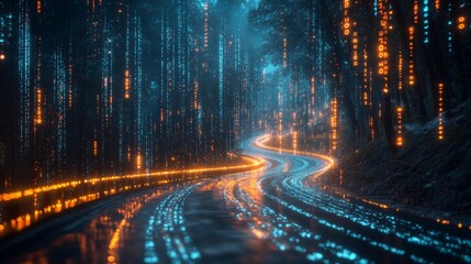 Forest Road with Digital Rain in Neon Orange. Generative AI