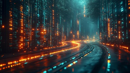 Cybernetic Cityscape with Luminous Data Stream. Generative AI