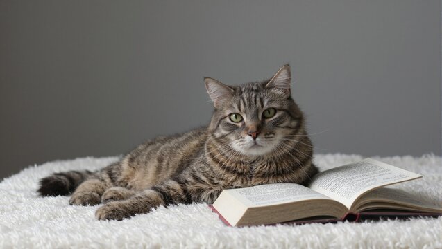 Adorable cat relaxing beside an open book - Powered by Adobe