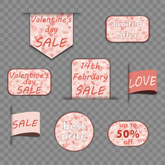 Valentine's Day sale, set of discount tegs, stickers, labels with lots of hearts and text, to promote purchases in 14 th february. modern bright vector illustration en pink tones