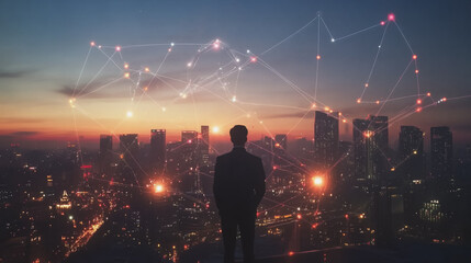  Abstract business man stands on Smart digital Innovation city with connection network reciprocity over the twilight cityscape. of future wireless digital city and social media networking systems