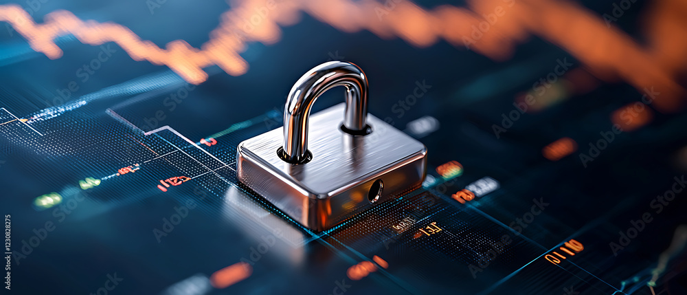 Poster futuristic padlock securing financial data digital trading chart infographic representation high-tec