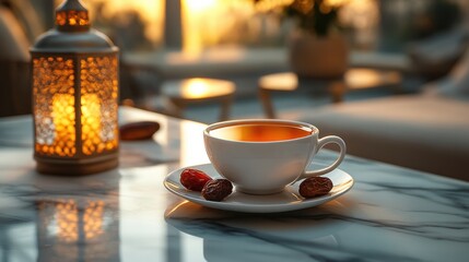 Fototapeta premium A simple, minimalistic Ramadan setting with a cup of tea and dates on a marble surface, accented by a soft, warm glow from a nearby lantern